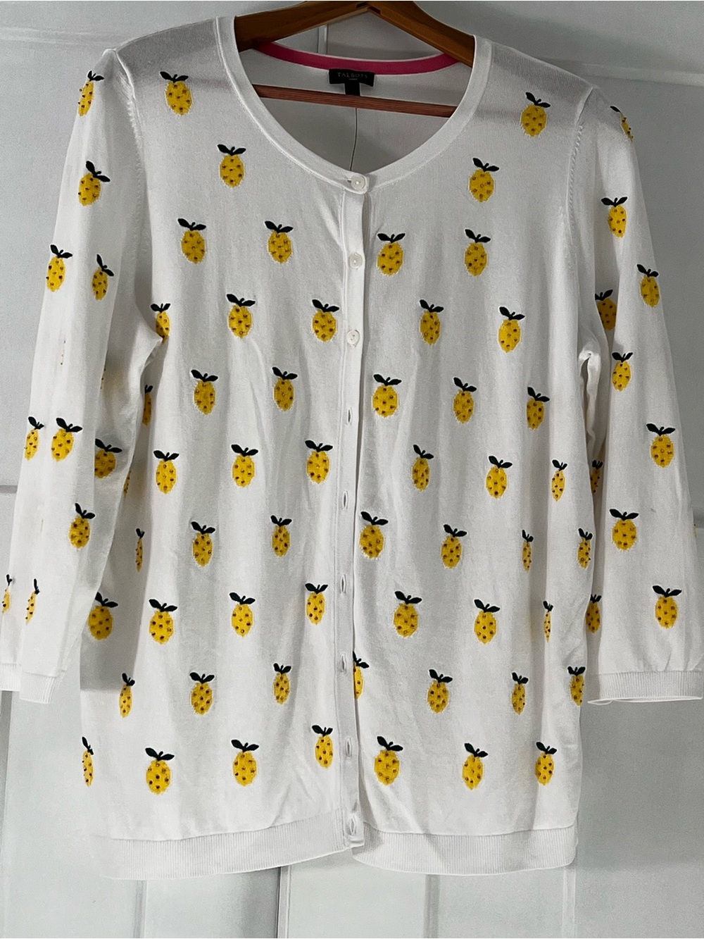 Talbot’s White 3/4 Sleeve Cardigan with Yellow Pineapple Print, Size X, NWT